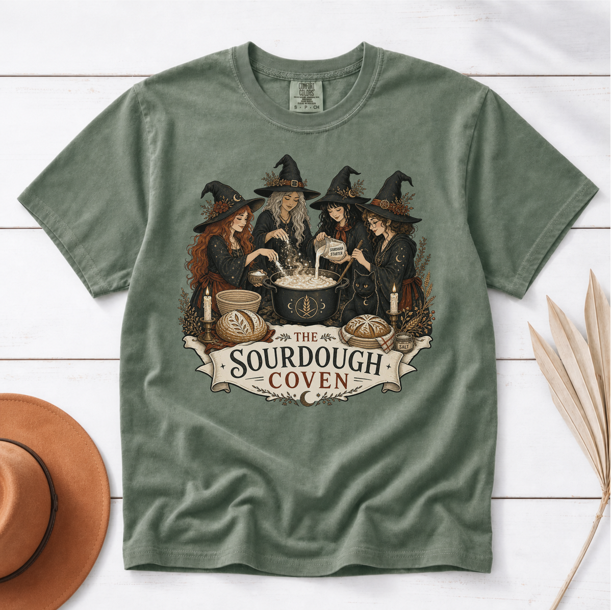 The Sourdough Coven shirt in Moss, flat lay