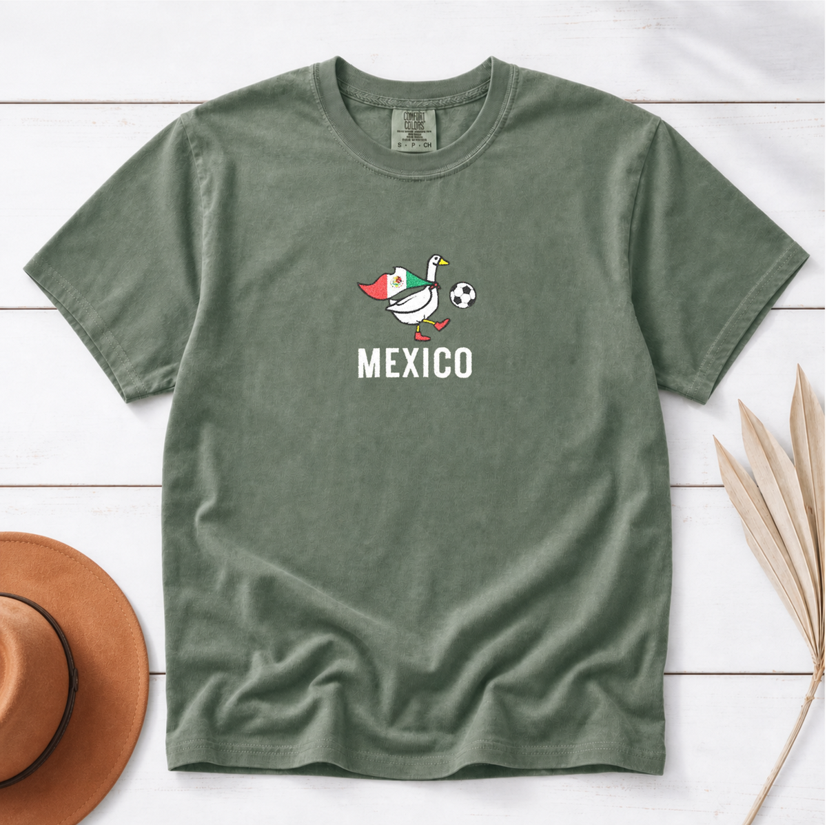 Mexico Soccer Goose embroidered shirt – Moss flat lay