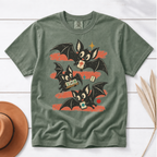 Bats Out mahjong Halloween shirt in Moss, flat lay