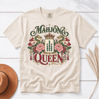 Mahjong Queen Shirt in Jean Blue - QUEEN and MAHJONG lettering with two red dragons and a jeweled crown in a teal frame