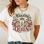 Mahjong Queen Shirt in Violet - QUEEN and MAHJONG lettering with two red dragons and a jeweled crown in a teal frame