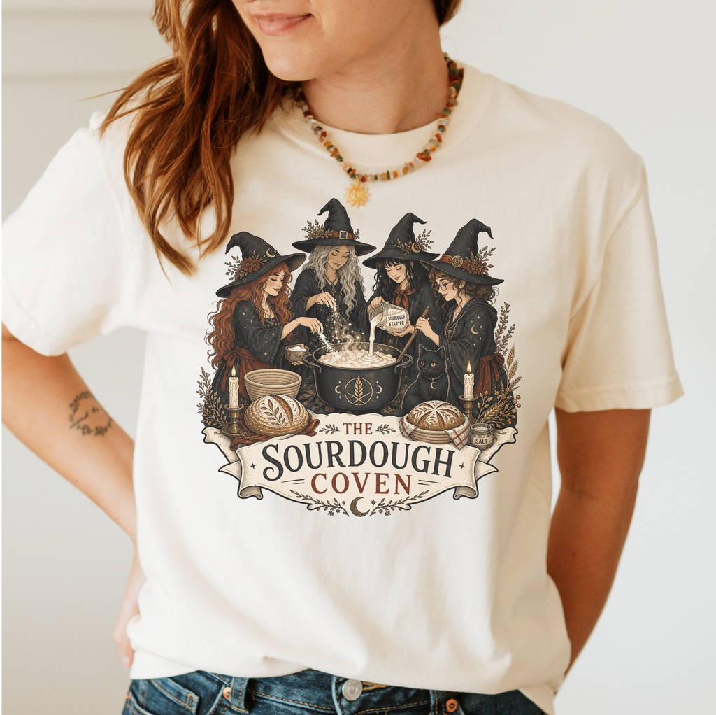 Model wearing The Sourdough Coven shirt