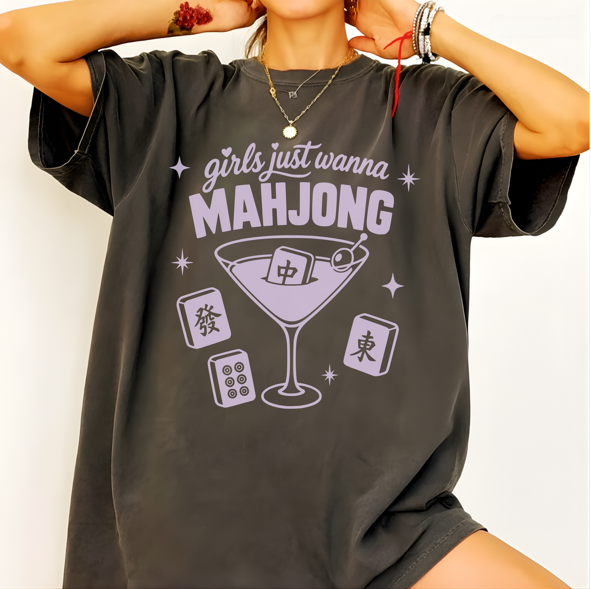 Close-up of the Girls Just Wanna Mahjong design - martini glass with a red dragon tile