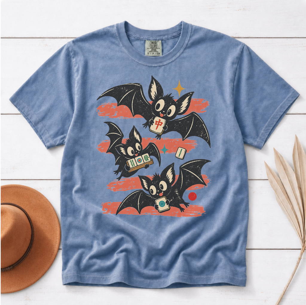 Bats Out mahjong Halloween shirt in Blue Jean, flat lay