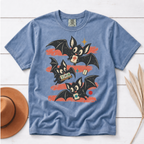 Bats Out mahjong Halloween shirt in Blue Jean, flat lay