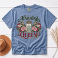 Mahjong Queen Shirt in White - QUEEN and MAHJONG lettering with two red dragons and a jeweled crown in a teal frame