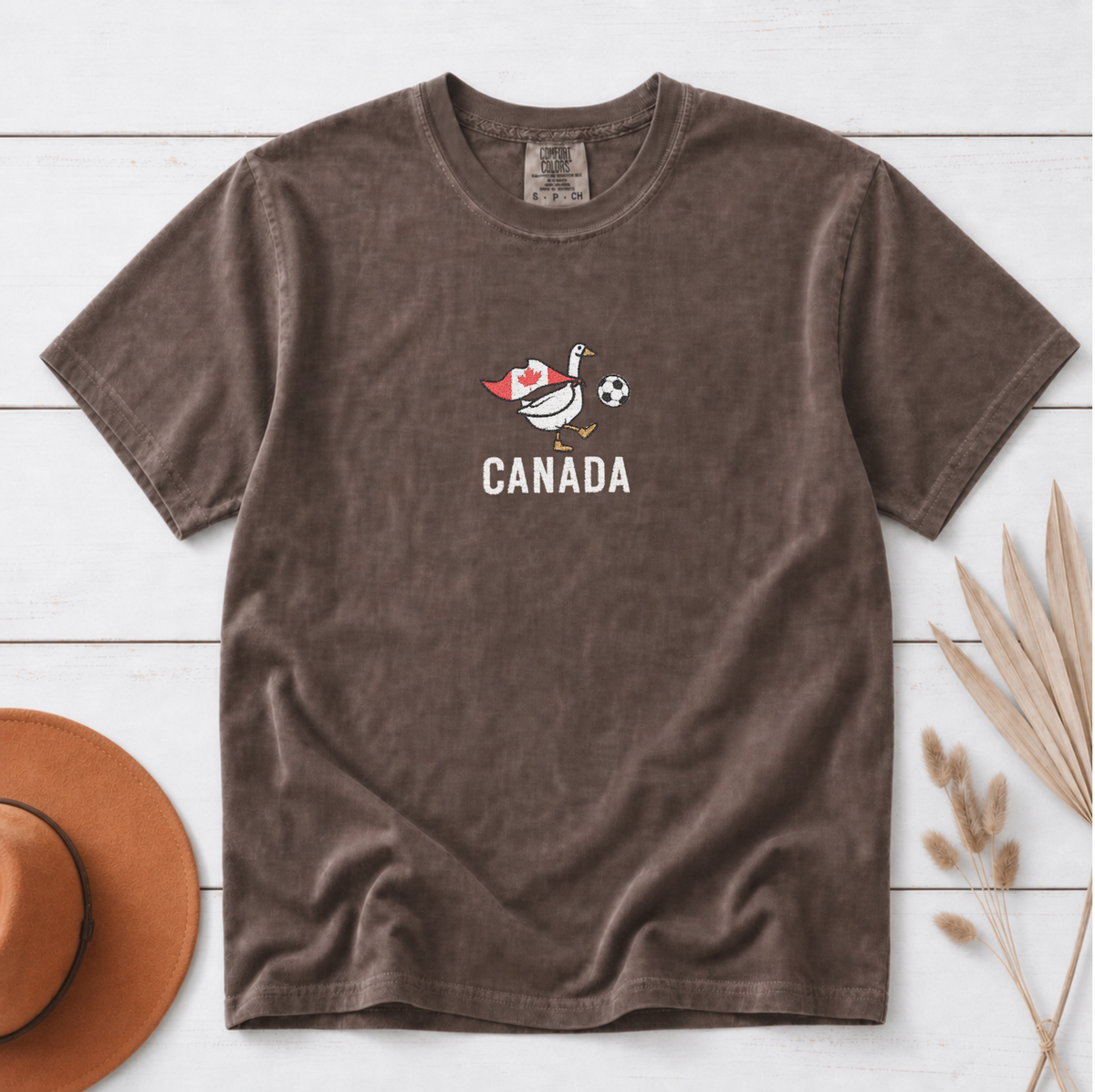 Embroidered Canada Soccer Goose Shirt – Espresso flat lay