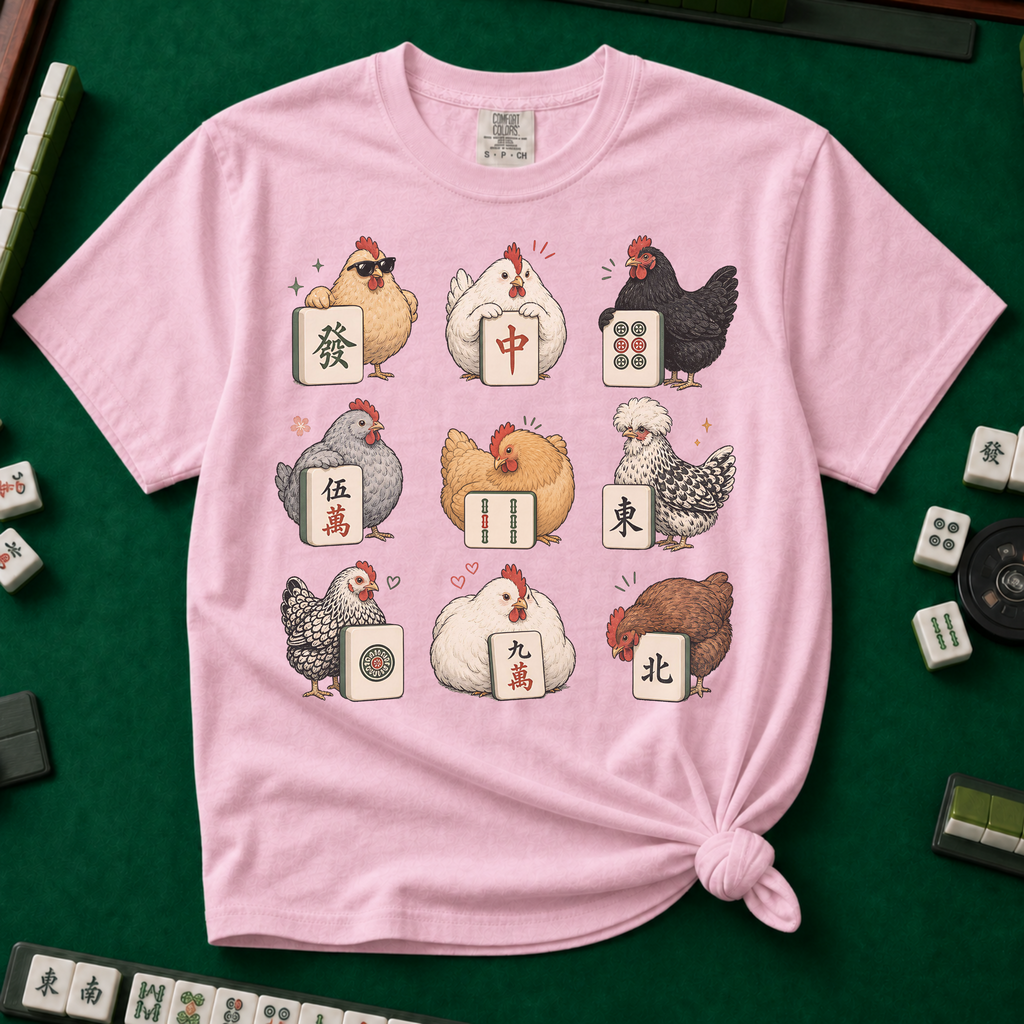 Mahjong Chickens T-Shirt in Blossom, knotted flat lay on a green mahjong mat - a 3x3 grid of nine hens, each posing with a mahjong tile - a sunglasses hen with the green dragon, a white hen with the red dragon, a black hen with dots, a crested hen with East, and more