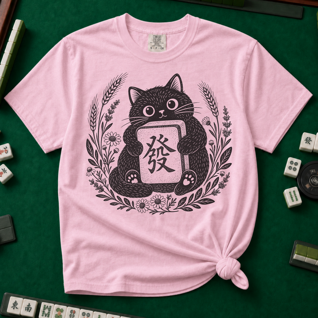 Linocut Tile Cat T-Shirt in Blossom, knotted flat lay on a green mahjong mat - a linocut-style black cat hugging a Green Dragon mahjong tile inside a wreath of wheat, daisies and lavender