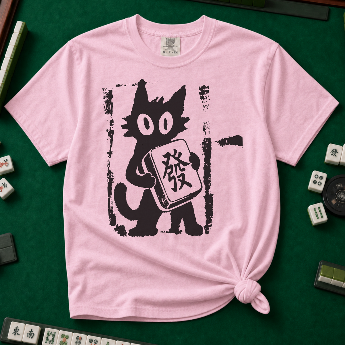 Linocut Mahjong Cat T-Shirt in Blossom
