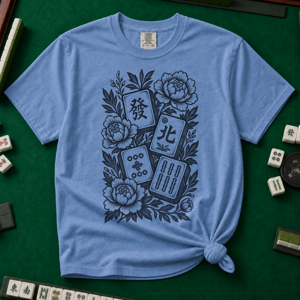 Linocut Floral Mahjong T-Shirt in Blue Jean