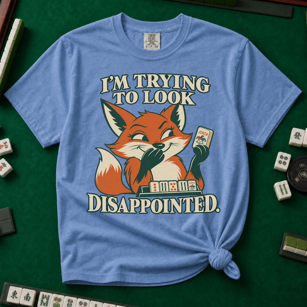 I'm Trying To Look Disappointed T-Shirt in Blue Jean, knotted flat lay on a green mahjong mat - smug retro fox holding up a joker tile, hiding a grin behind one paw, tile rack in front - "I'M TRYING TO LOOK DISAPPOINTED." in cream collegiate letters