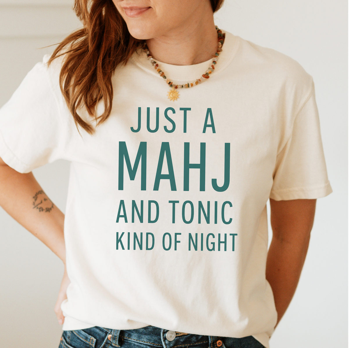 Model wearing Mahj And Tonic T-Shirt in Ivory