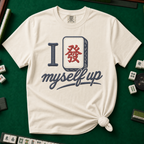 I Set Myself Up T-Shirt in Ivory, knotted flat lay on a green mahjong mat - a stitched-look varsity rebus - a navy letter I beside a cream fa dragon tile with the red character, over "myself up" in navy script