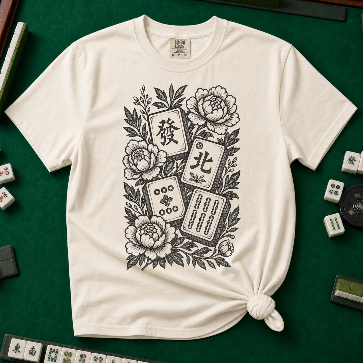 Linocut Floral Mahjong T-Shirt in Ivory