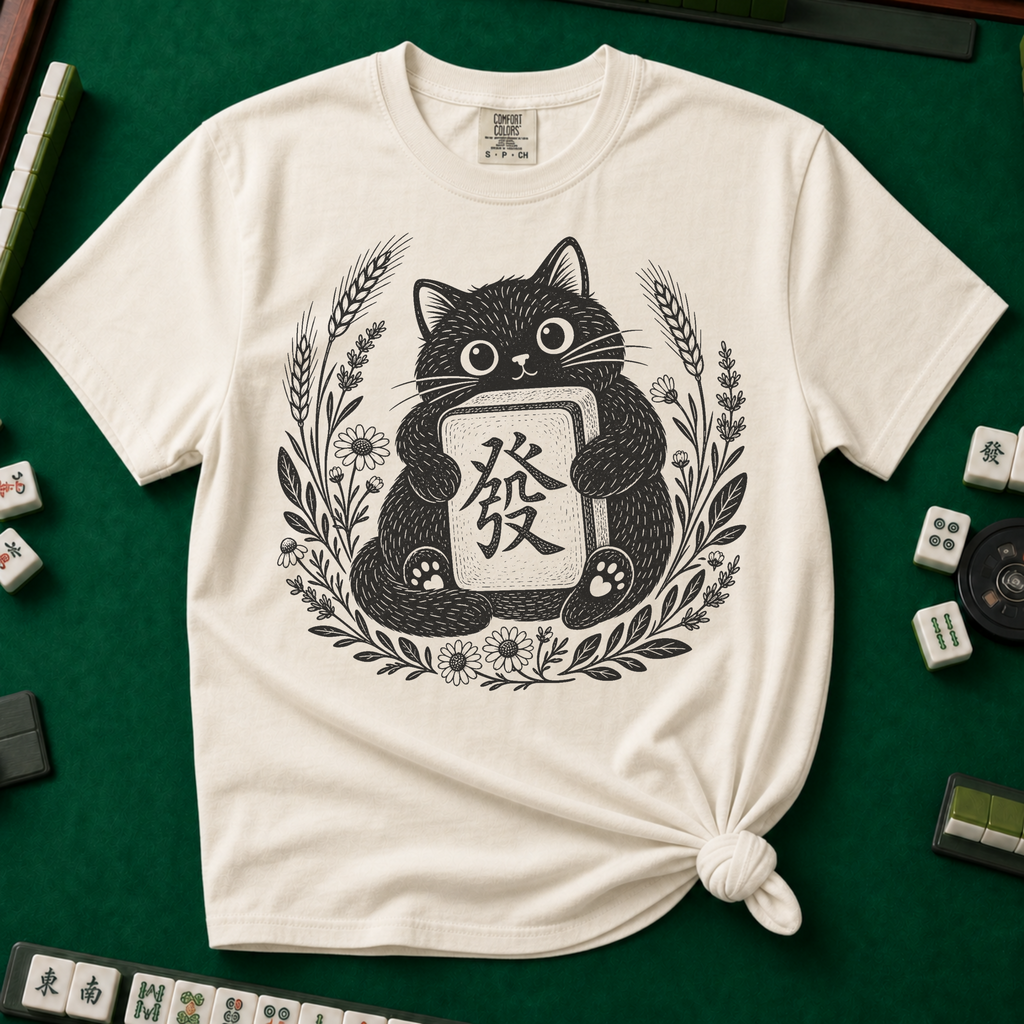 Linocut Tile Cat T-Shirt in Ivory, knotted flat lay on a green mahjong mat - a linocut-style black cat hugging a Green Dragon mahjong tile inside a wreath of wheat, daisies and lavender