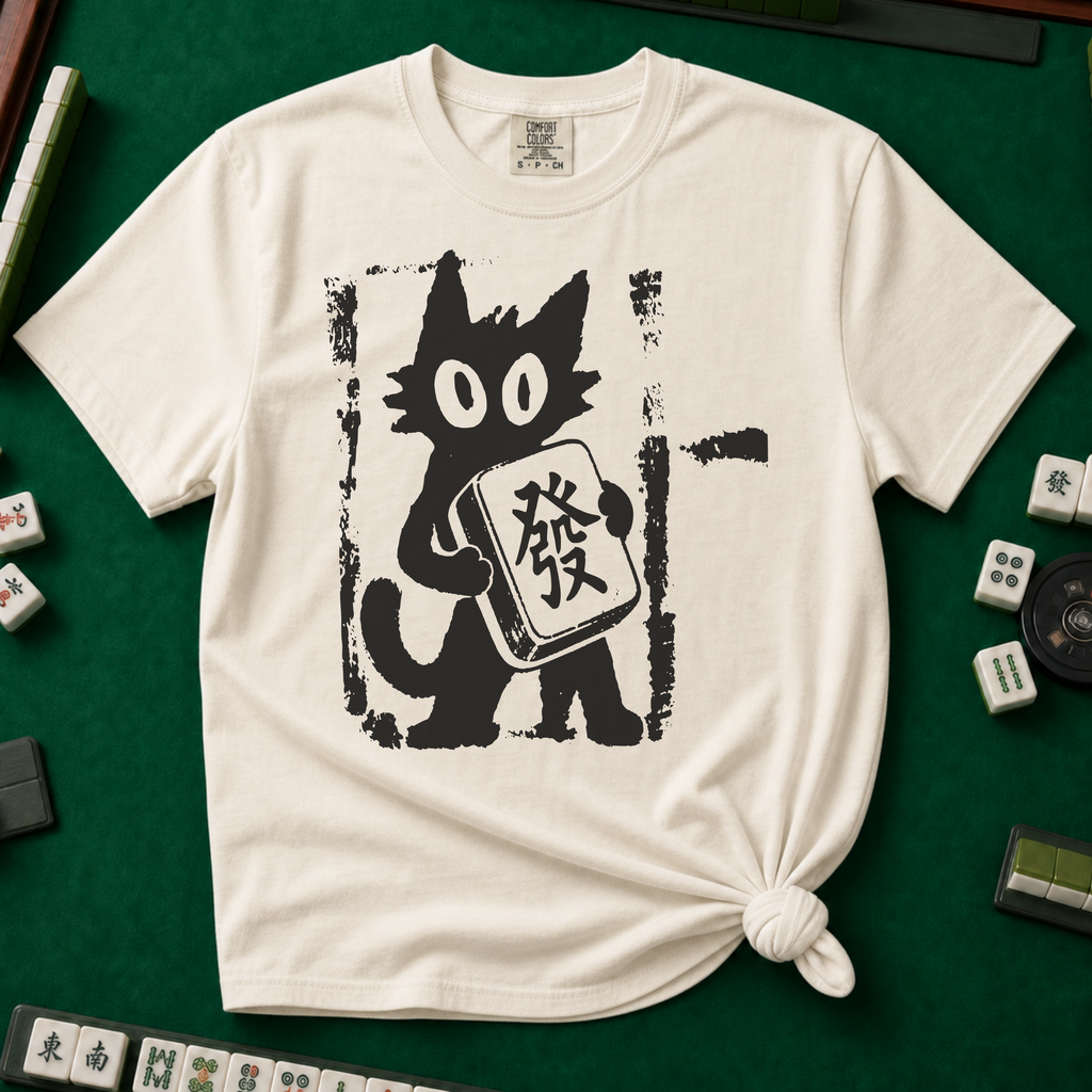 Linocut Mahjong Cat T-Shirt in Ivory