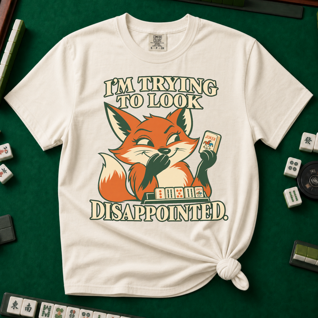 I'm Trying To Look Disappointed T-Shirt in Ivory, knotted flat lay on a green mahjong mat - smug retro fox holding up a joker tile, hiding a grin behind one paw, tile rack in front - "I'M TRYING TO LOOK DISAPPOINTED." in cream collegiate letters