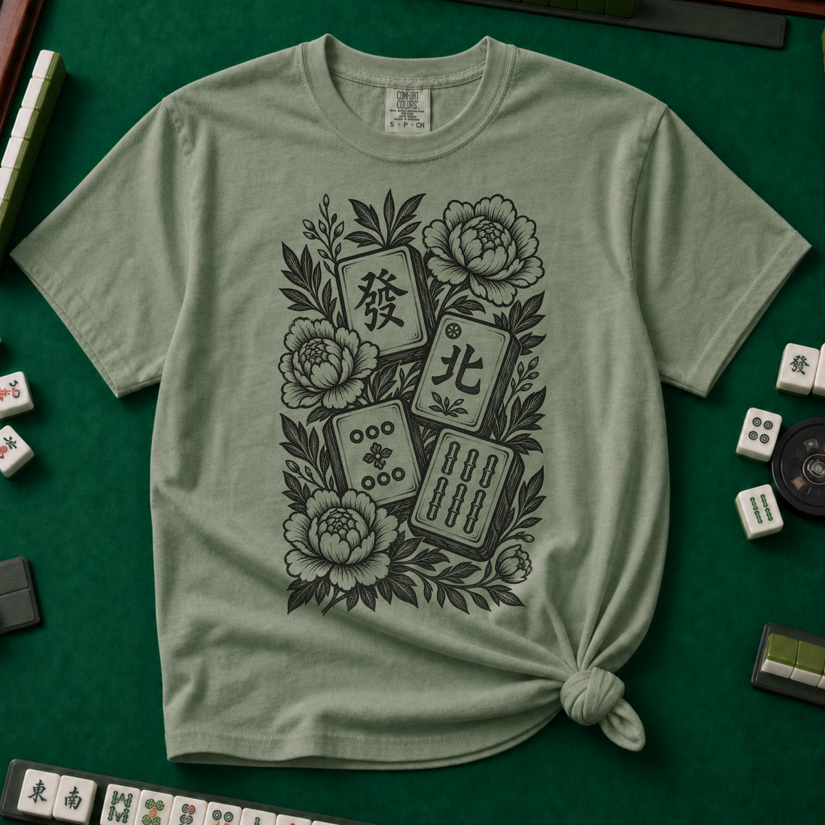 Linocut Floral Mahjong T-Shirt in Moss