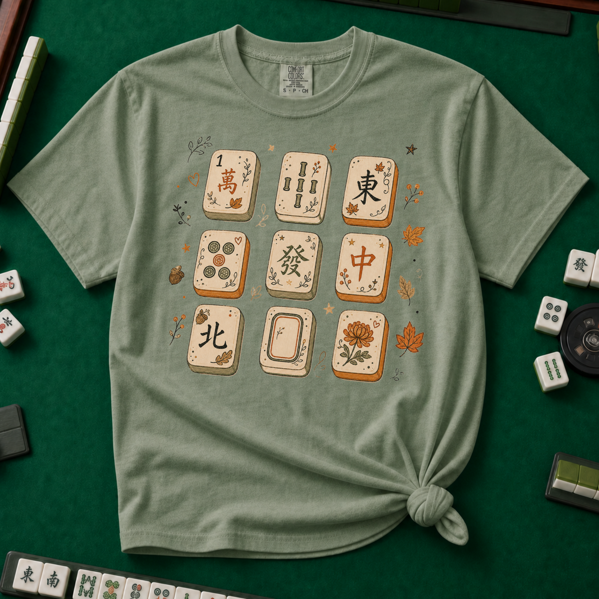 Mahjong Fall Tiles T-Shirt in Moss