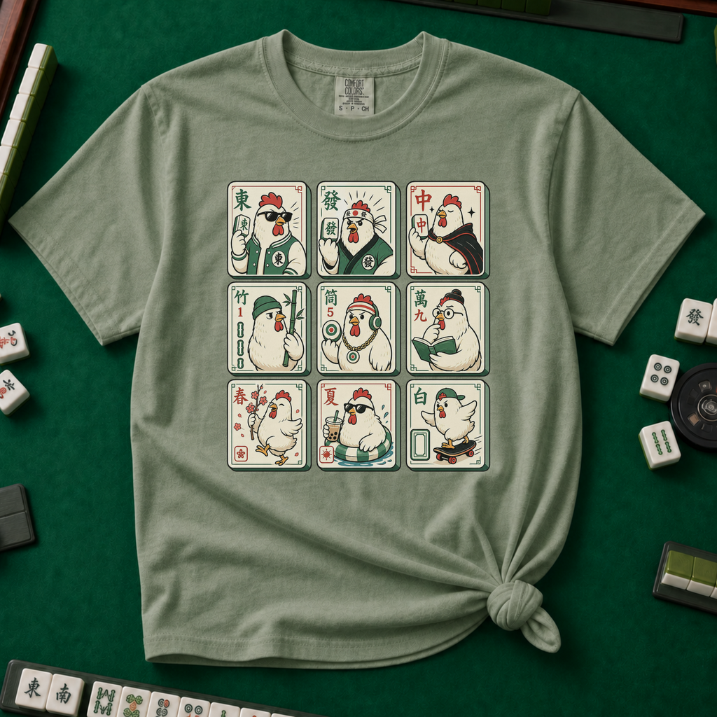 Mahjong Chicken Tiles T-Shirt in Moss, knotted flat lay on a green mahjong mat - a 3x3 grid of mahjong tiles, each starring a cartoon chicken with its own personality - varsity jacket, karate gi, cape, beanie, headphones, bookworm glasses, cherry blossom, pool floatie and skateboard