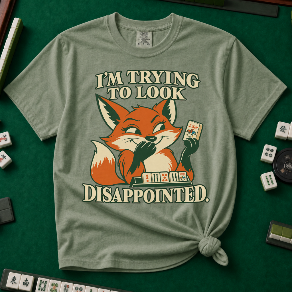 I'm Trying To Look Disappointed T-Shirt in Moss, knotted flat lay on a green mahjong mat - smug retro fox holding up a joker tile, hiding a grin behind one paw, tile rack in front - "I'M TRYING TO LOOK DISAPPOINTED." in cream collegiate letters