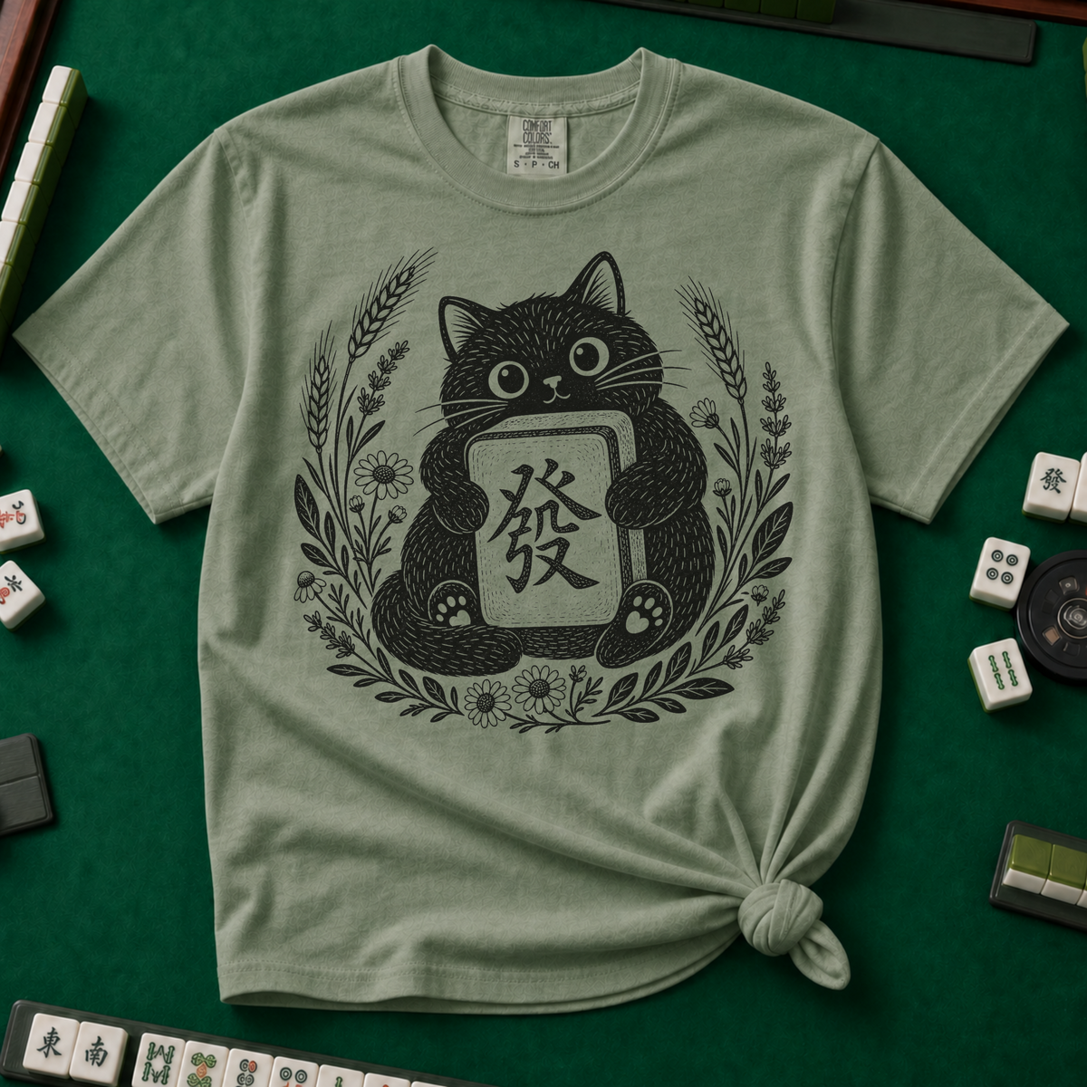 Linocut Tile Cat T-Shirt in Moss, knotted flat lay on a green mahjong mat - a linocut-style black cat hugging a Green Dragon mahjong tile inside a wreath of wheat, daisies and lavender