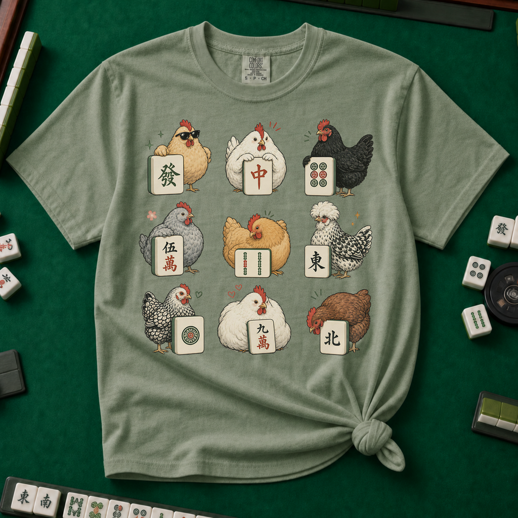 Mahjong Chickens T-Shirt in Moss, knotted flat lay on a green mahjong mat - a 3x3 grid of nine hens, each posing with a mahjong tile - a sunglasses hen with the green dragon, a white hen with the red dragon, a black hen with dots, a crested hen with East, and more