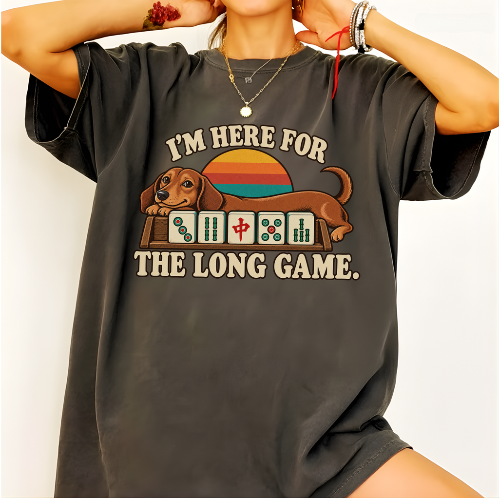 Model wearing Long Game T-Shirt in Pepper