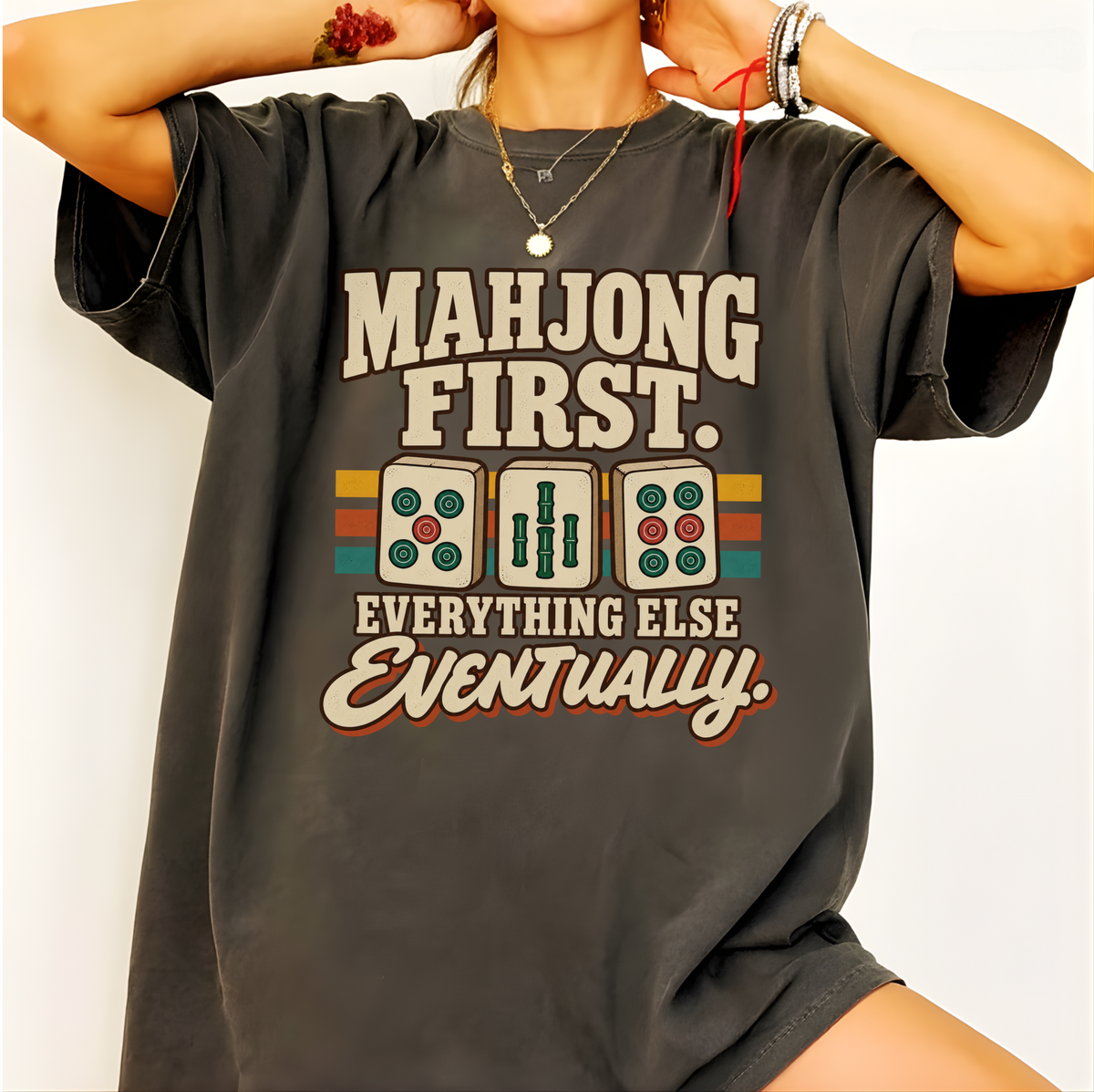 Model wearing Mahjong First T-Shirt in Pepper