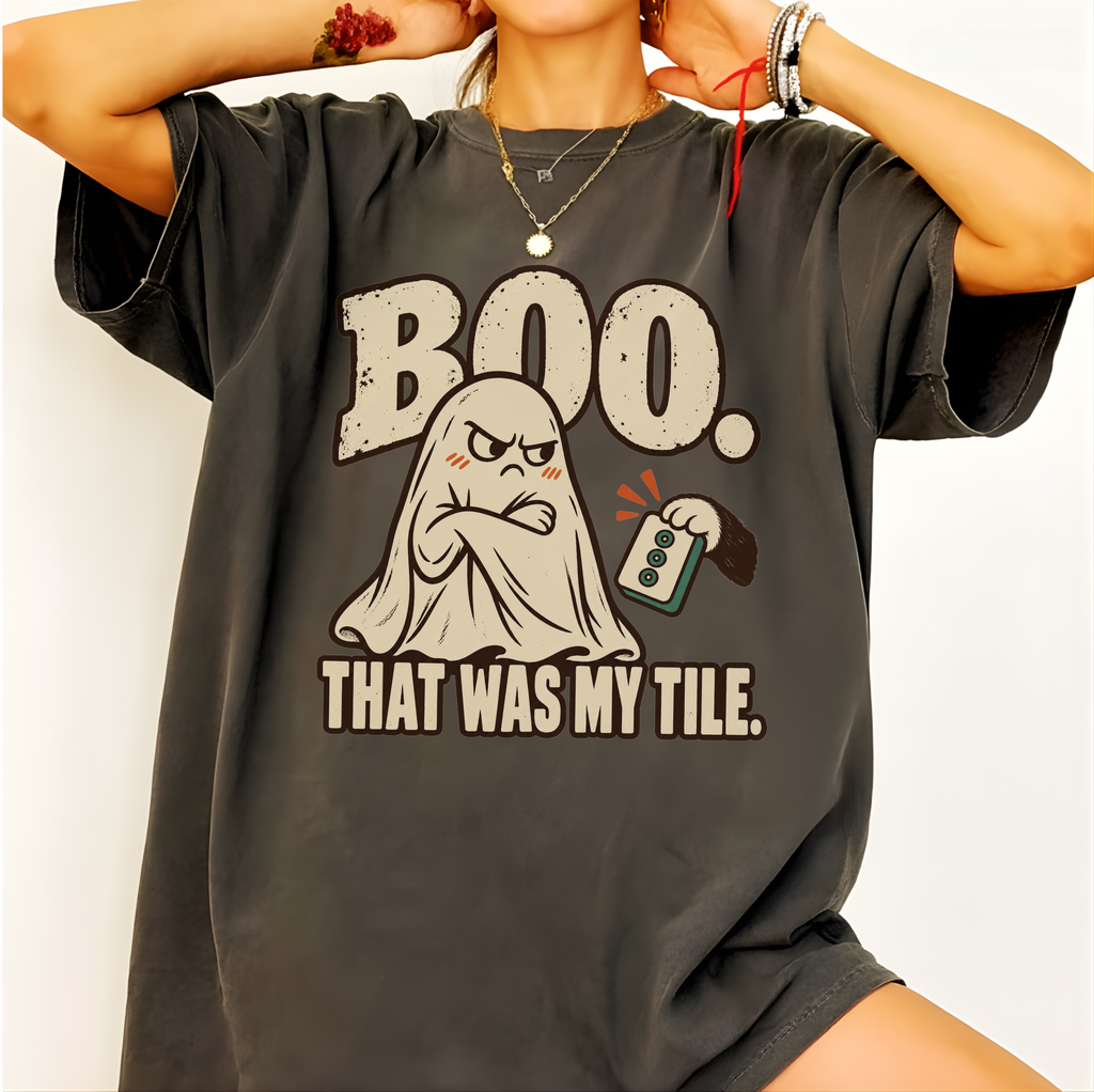 Model wearing Boo. That Was My Tile T-Shirt in Pepper