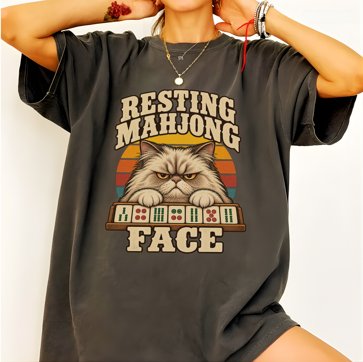 Model wearing Resting Mahjong Face T-Shirt in Pepper