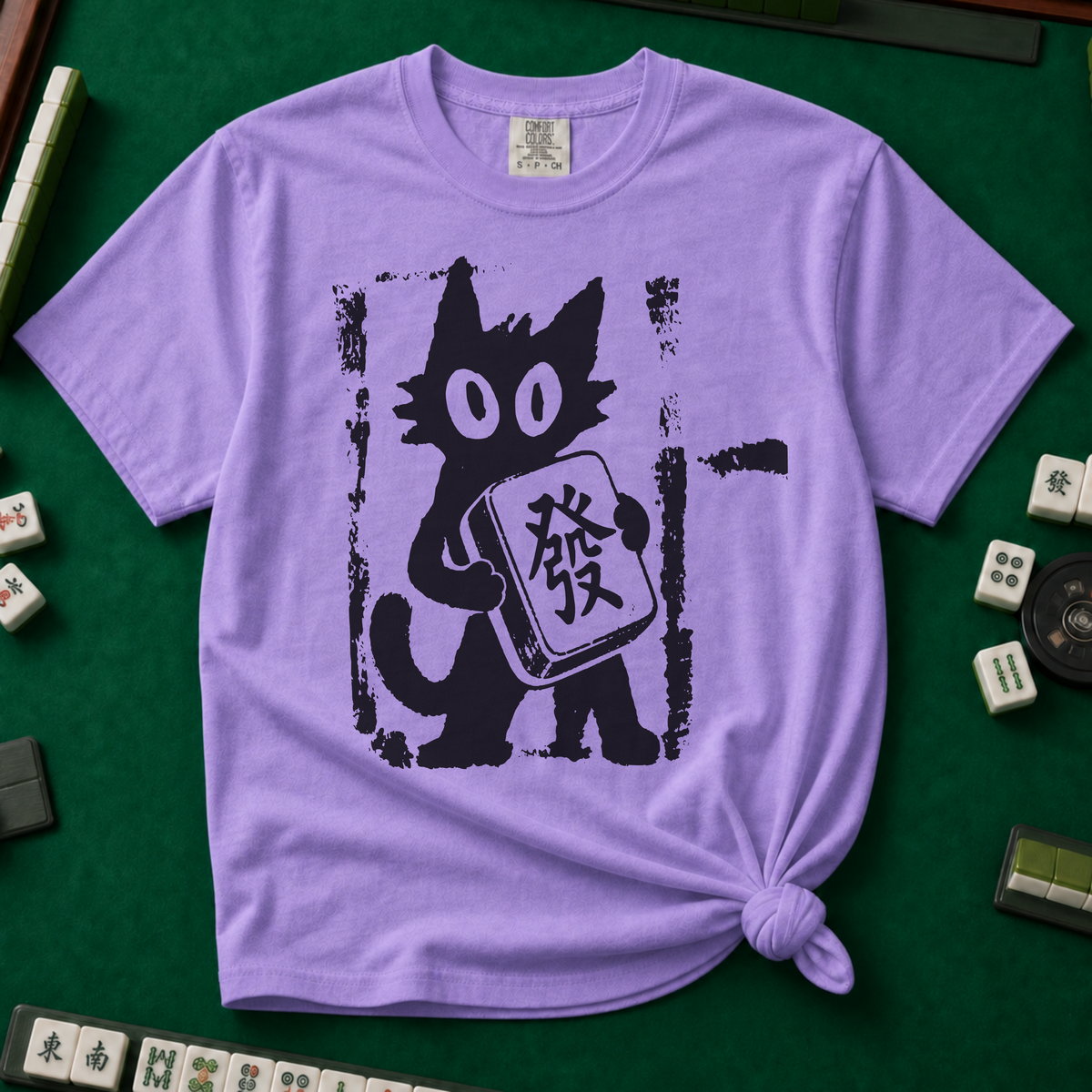 Linocut Mahjong Cat T-Shirt in Violet