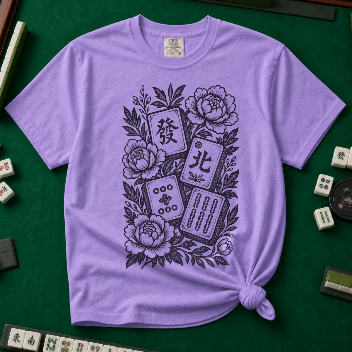 Linocut Floral Mahjong T-Shirt in Violet