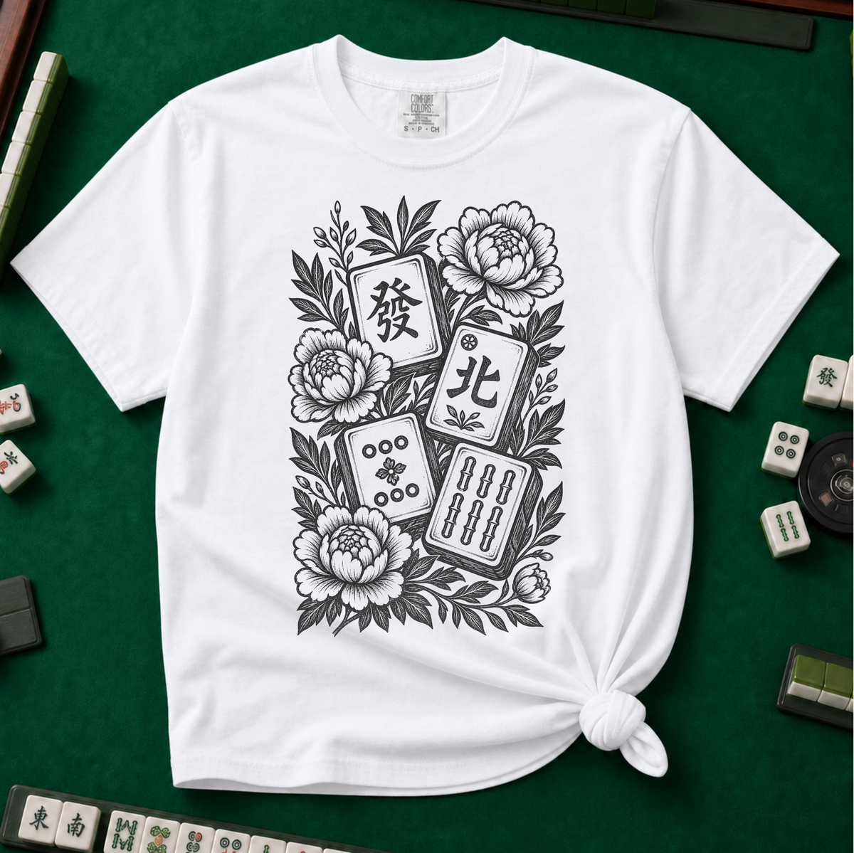 Linocut Floral Mahjong T-Shirt in White