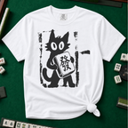 Linocut Mahjong Cat T-Shirt in White