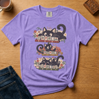 Retro Black Cats Mahjong Shirt in White - close-up of the three black cats and arched MAHJONG lettering over a row of mahjong tiles