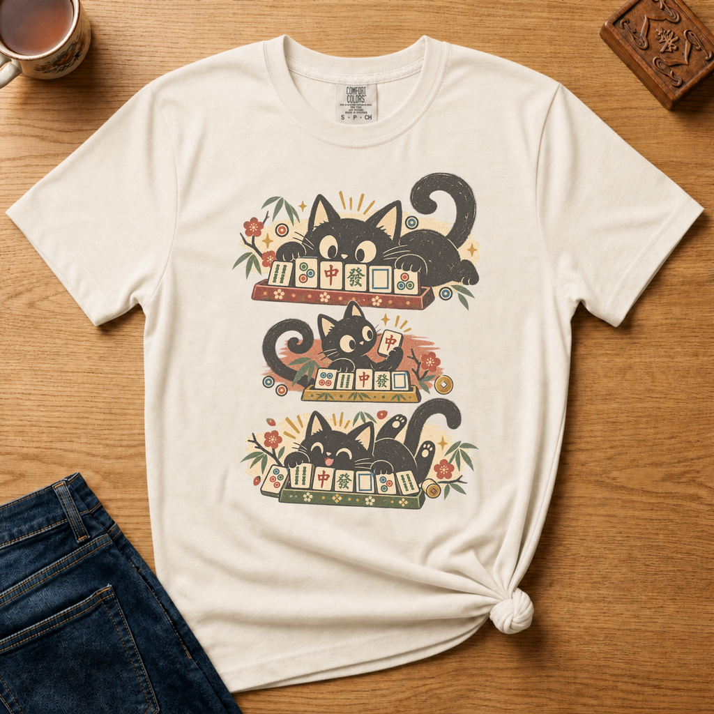 Retro Black Cats Mahjong Shirt in Violet - three black cats over a row of mahjong tiles with arched MAHJONG lettering