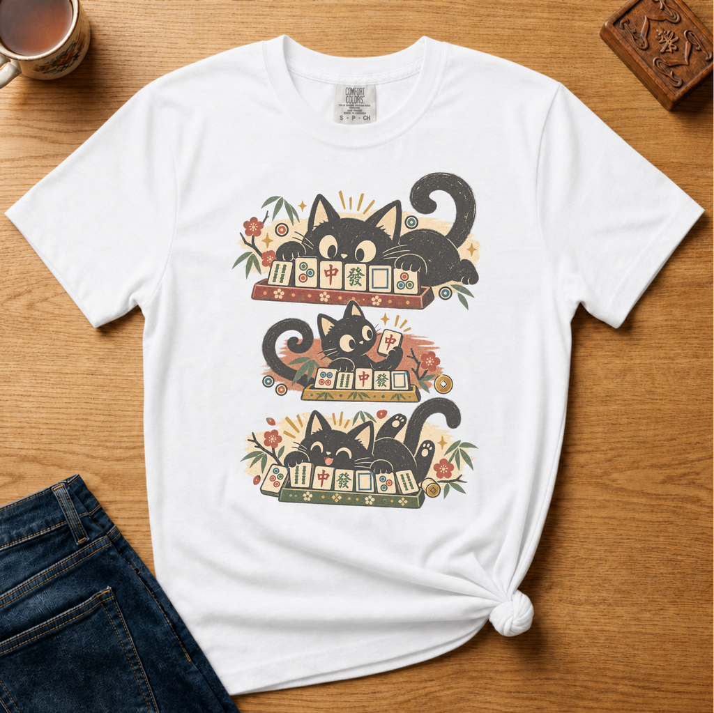 Retro Black Cats Mahjong Shirt in White - three black cats over a row of mahjong tiles with arched MAHJONG lettering