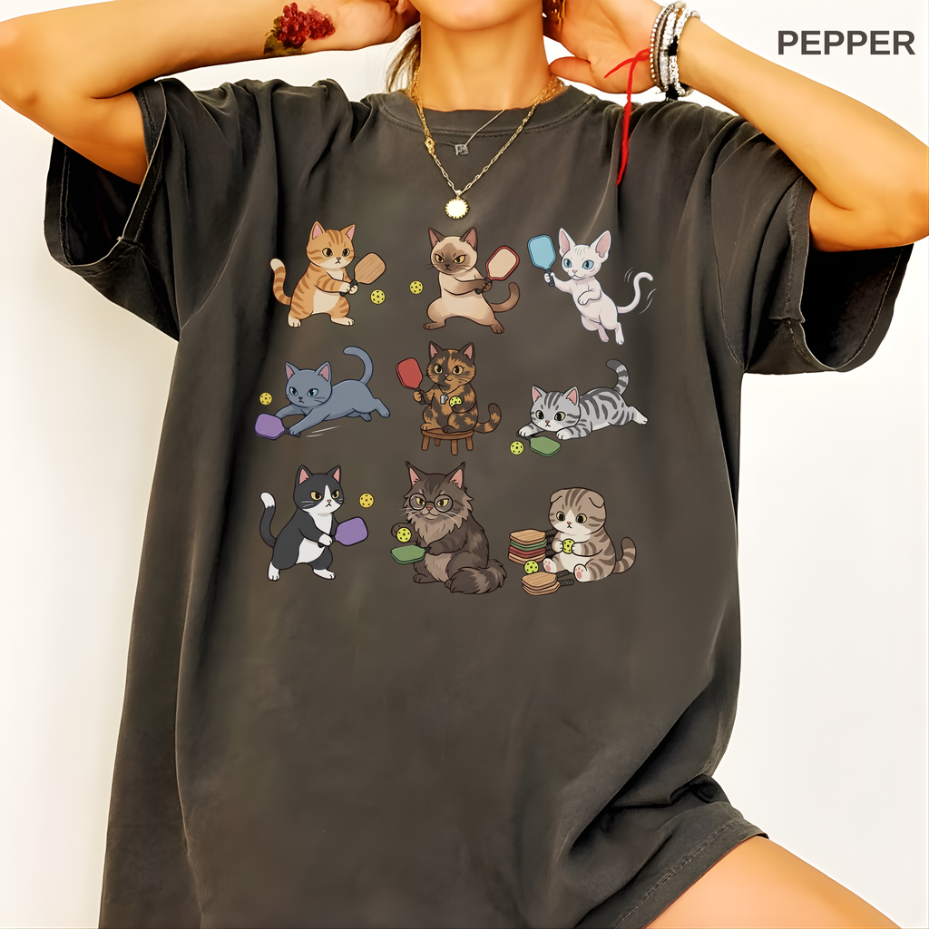 Model wearing unisex T-shirt in pepper; fit reference only