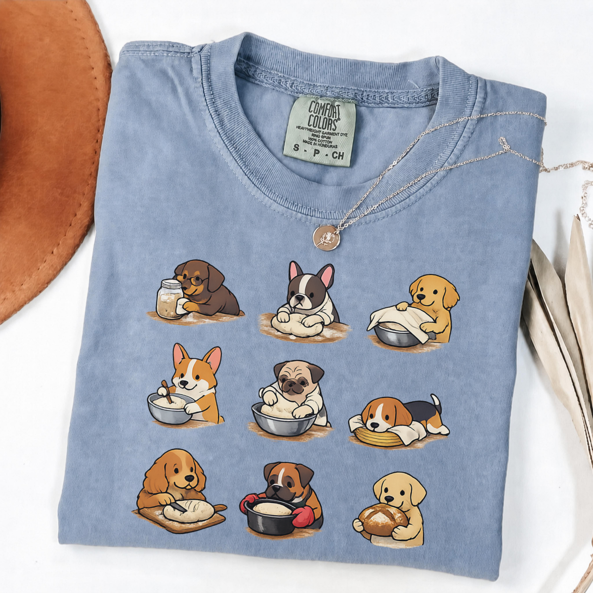 Blue Jean Comfort Colors shirt featuring nine adorable dogs baking and preparing bread