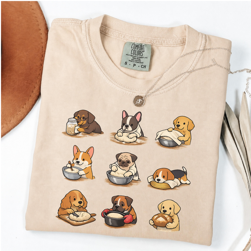 Ivory Comfort Colors shirt featuring nine adorable dogs baking and preparing bread