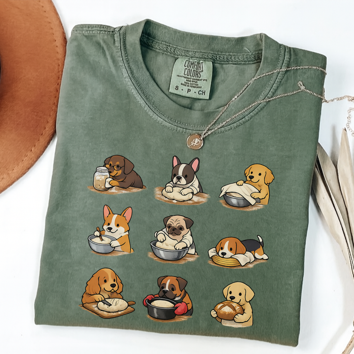 Moss Comfort Colors shirt featuring nine adorable dogs baking and preparing bread