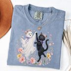 Blue Jean Comfort Colors Halloween shirt featuring a floral ghost and black cat dancing together