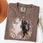 Espresso Comfort Colors Halloween shirt featuring a floral ghost and black cat dancing together