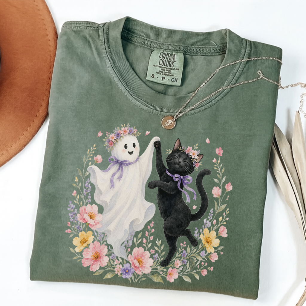 Moss Comfort Colors Halloween shirt featuring a floral ghost and black cat dancing together