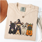 Ivory Comfort Colors Halloween shirt featuring four French Bulldogs in spooky costumes