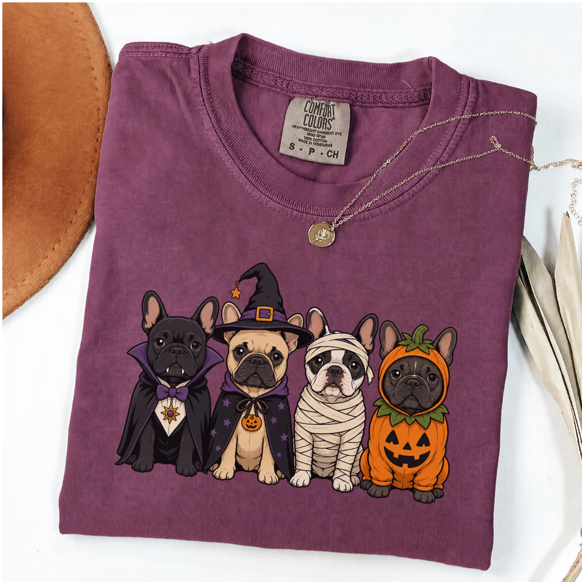 Berry Comfort Colors Halloween shirt featuring four French Bulldogs in spooky costumes