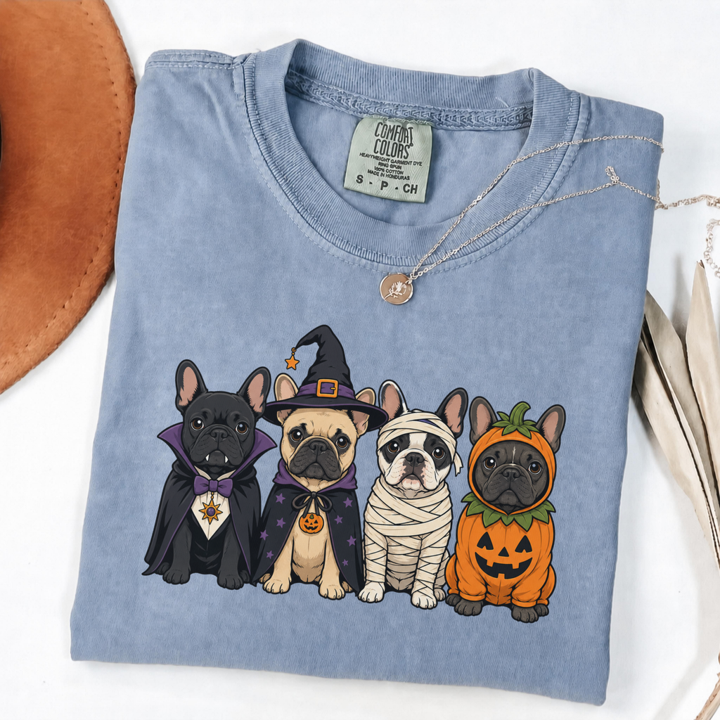 Blue Jean Comfort Colors Halloween shirt featuring four French Bulldogs in spooky costumes