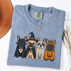 Blue Jean Comfort Colors Halloween shirt featuring four French Bulldogs in spooky costumes